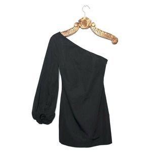 STAUD Paula One Shoulder Balloon Sleeve Mini Dress Black 4 NWT